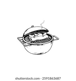 Hand drawn bbq vintage illustration. Engraving style black and white on white backgrounds. Vector