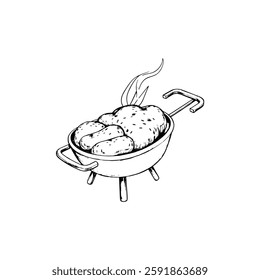 Hand drawn bbq vintage illustration. Engraving style black and white on white backgrounds. Vector