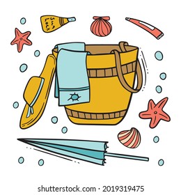 Bolsa de playa dibujada a mano, sombrero, crema de protección solar, conjunto de paraguas en color, icono de doodle aislado en fondo blanco, boceto negro para libro de colorear, tarjetas, camiseta. Ilustración vectorial.
