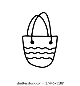 Hand drawn beach bag isolated on white background. Template icon. Vector outline illustration in doodle style. Design for card, banner, logo, print, coloring page