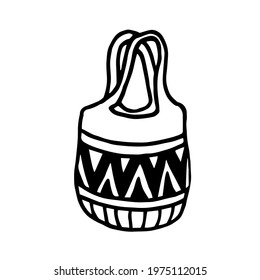Hand drawn beach bag isolated on white background. Shopper bag in doodle style. Black and white eco bag. Vector Illustration. Zero waste and plastic bag free concept.
