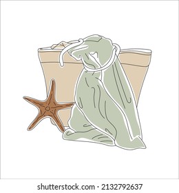 Hand drawn Beach bag with starfish and towel, summer sea illustration