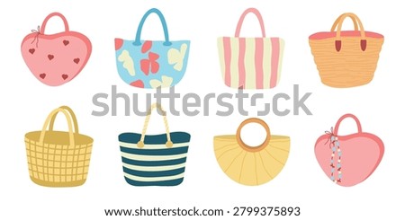 Hand Drawn Beach Bag Vector Collection. Summer Vacation Totes Isolated Set
