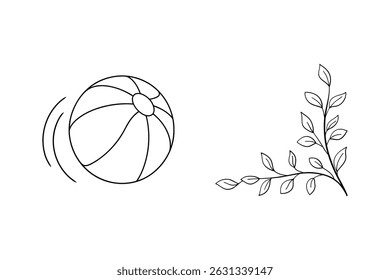 Hand drawn beach ball and decorative branch element on white background graphic design
