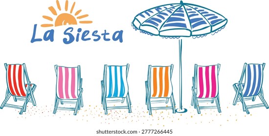 Hand drawn beach chairs and umbrella with striped fabric and sunny seaside composition