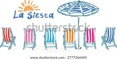 Hand drawn beach chairs and umbrella with striped fabric and sunny seaside composition