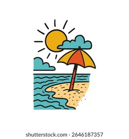 A hand drawn beach doodle with an orange and yellow beach umbrella, wavy ocean, clouds, and a bright sun, created in vector line art