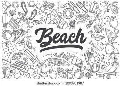 Hand drawn beach doodle set. Lettering - Beach