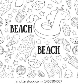 Hand drawn beach doodle set. Lettering. Seamless vector background (pattern, print).