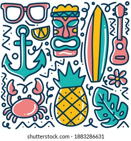 conjunto de doodle de playa dibujado a mano con iconos y elementos de diseño
