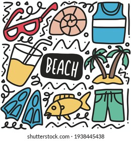 hand drawn beach doodle set with icons and design elements