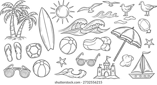 Hand Drawn Beach Doodle Set with Palm Trees Sailboats Umbrellas Waves and Lighthouse Summer Ocean Sketch Illustration