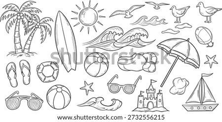 Hand Drawn Beach Doodle Set with Palm Trees Sailboats Umbrellas Waves and Lighthouse Summer Ocean Sketch Illustration