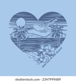 HAND DRAWN BEACH HEART FLOWER FLORAL LANDSCAPE PALM TREE BIRD SEA GULL FLIGHT ANIMAL TROPICAL SHORE OCEAN WAVE SURF MOUNTAINS SAND TSHIRT TEE PRINT FOR APPAREL MERCHANDISE