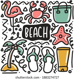hand drawn beach holiday doodle set with icons and design elements