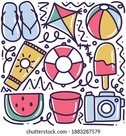 hand drawn beach holiday doodle set with icons and design elements