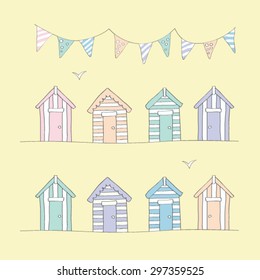 Hand Drawn Beach Huts & Bunting
