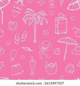 Hand Drawn Beach Items Pattern, Pink Background, Vacation Design