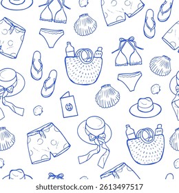 Hand Drawn Beach Items Seamless Pattern, Vacation Design. Summer Background 