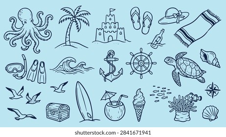 Hand drawn beach and ocean themed objects with playful summer mood in simple artistic style