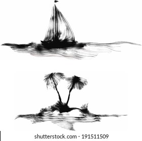 Hand drawn beach with palm trees and boat