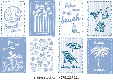 Hand drawn beach poster collection with tropical quote shell palm and summer element