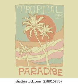 hand drawn beach print design. hand drawn palm tree with big waves sunset print design. spring summer t shirt design. sunset design. tropical summer paradise. vintage retro fashion. girls graphics