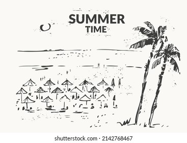 Hand drawn beach scene black ink sketch set. Summer holiday background with palm trees, beach umbrellas, sea coast. Exotic plants, island vacation, tropical flora, travel design.