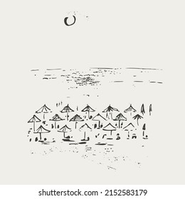 Hand drawn beach scene black ink sketch. Summer holiday background with beach umbrellas, sea coast. Exotic place, island vacation, tropical climate, travel design.