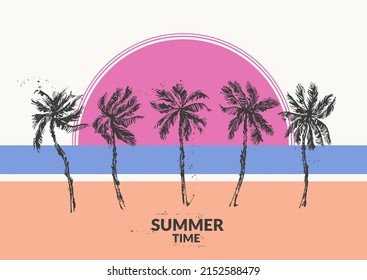 Hand drawn beach scene bright sketch. Summer holiday background with palm trees, beach, sea coast sunrise. Exotic plants, island vacation, tropical flora, travel design.