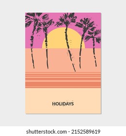 Hand drawn beach scene bright sketch. Summer holiday background with palm trees, beach, desert, sunset. Exotic plants, island vacation, tropical flora, travel design.