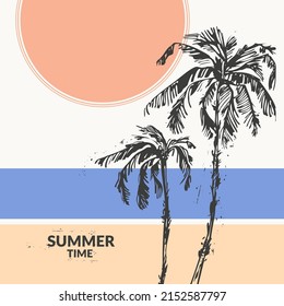 Hand drawn beach scene colorful sketch. Summer holiday background with palm trees, beach, sea coast, sun. Exotic plants, island vacation, tropical flora, travel design.