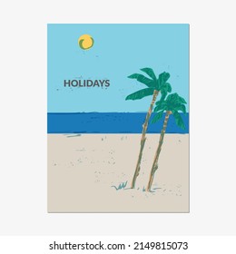 Hand drawn beach scene sketch. Summer holiday background with palm trees, sand, sea coast. Exotic plants, island vacation, tropical flora, travel design.