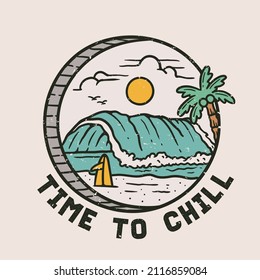 hand drawn beach scenery illustration in vintage style with slogan