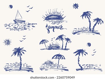 Hand drawn beach and sea coast scenes in navy blue color with palms, sun, yacht, waves. Summer holiday background. Exotic plants, island vacation, travel design.