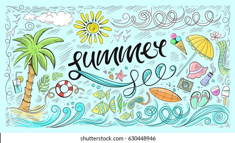 Hand drawn beach, sea, sun, Summer letters. Sketchia vector illustration EPS10