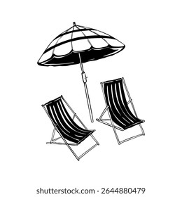 Hand drawn beach shears with umbrella. Doodle vector vintage sunbed illustration. Pool, hotel resort, lounge outdoor furniture. Sun shadow seat with parasol. Sea vacation design element