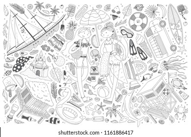 Hand drawn beach or summer time set doodle vector background