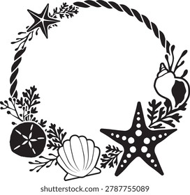 Hand drawn Beach themed wreath with ocean elements. Starfish, shells, sand dollars and seaweed designed in a beach wreath