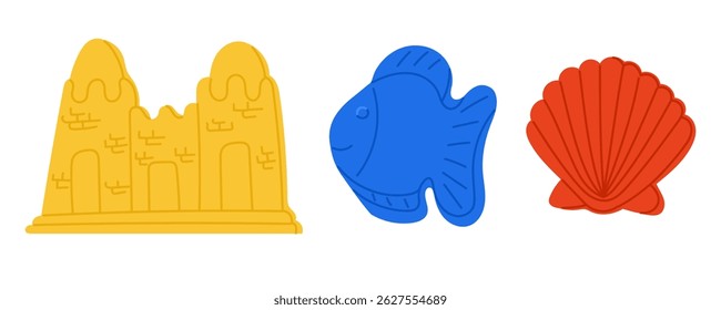 Hand drawn beach toys set including sandcastle mold, fish and seashell shapes in bright colors. Concept of summer playtime, seaside fun and childhood imagination