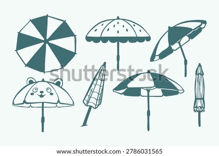 Hand drawn beach umbrella collection in modern minimal style with line art and flat color details. Set includes open umbrellas, folded umbrella, top and side views, kids umbrella and decorative designs. Clean summer illustrations for stickers, packaging, branding and vacation projects.