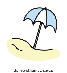Plantilla de diseño de icono del paraguas de la playa dibujado a mano. ilustración de doodle de esbozo vectorial aislada en fondo blanco. Símbolo de vacaciones y ocio de verano. Perfecto para colorear libros y stickers.