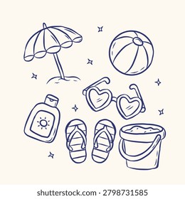 Hand Drawn Beach Umbrella and Summer Vacation Element Line Art