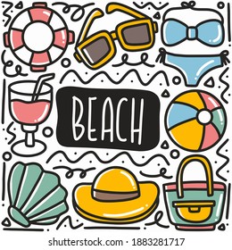 hand drawn beach vacation doodle set with icons and design elements