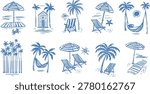 Hand drawn beach vacation scene collection with palm tree hammock and seaside furniture