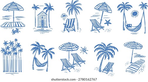Hand drawn beach vacation scene collection with palm tree hammock and seaside furniture