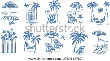 Hand drawn beach vacation scene collection with palm tree hammock and seaside furniture