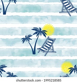 Hand drawn beach vacation symbols on striped blue watercolor background. Vector. Great for textiles, wrapping paper, wallpaper.