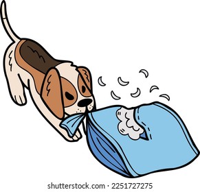 Hand Drawn Beagle Dog biting pillow illustration in doodle style isolated on background