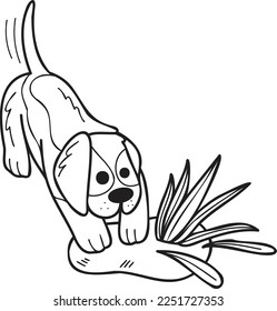 Hand Drawn Beagle Dog digging illustration in doodle style isolated on background